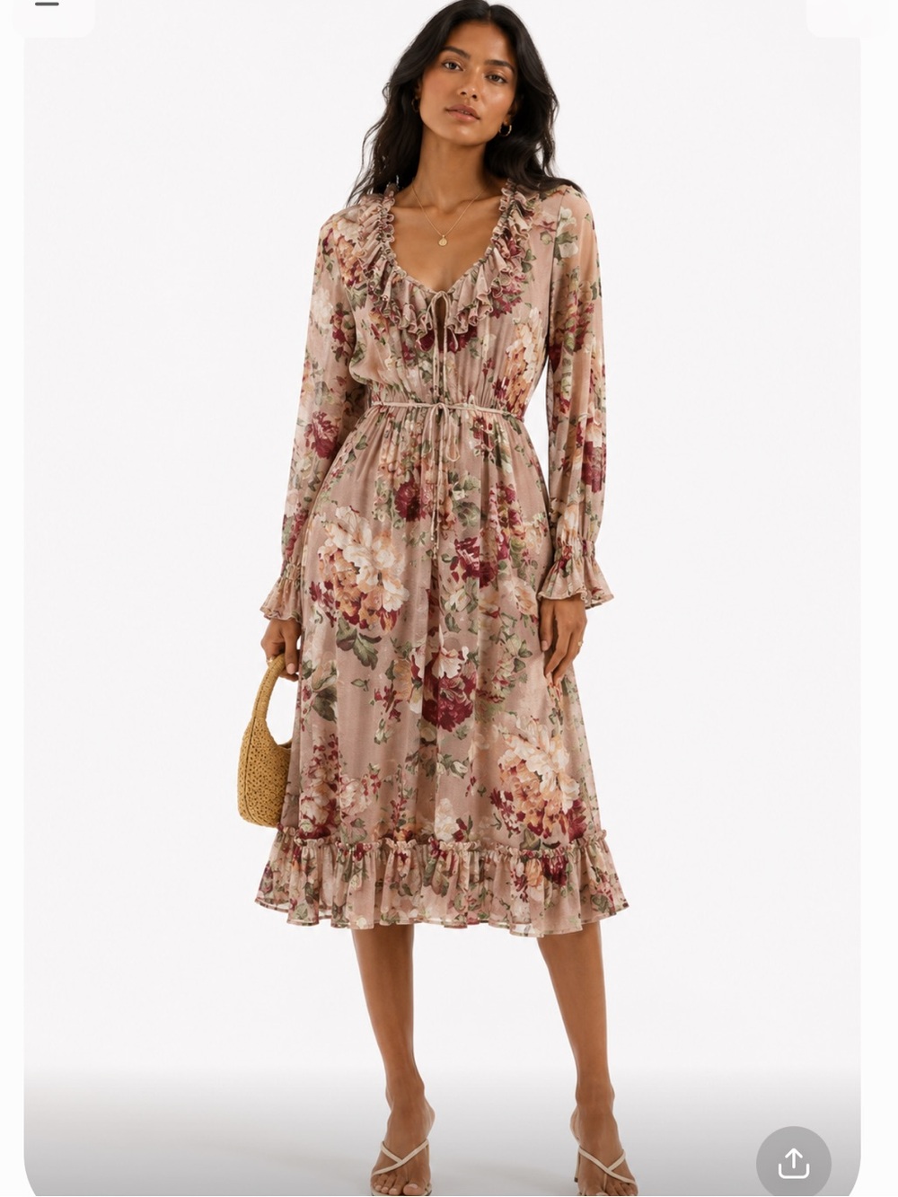 ZIMMERMANN Burgundy Floral V-Neck Long Sleeve Ruffle Gauze Midi Dress Size 1